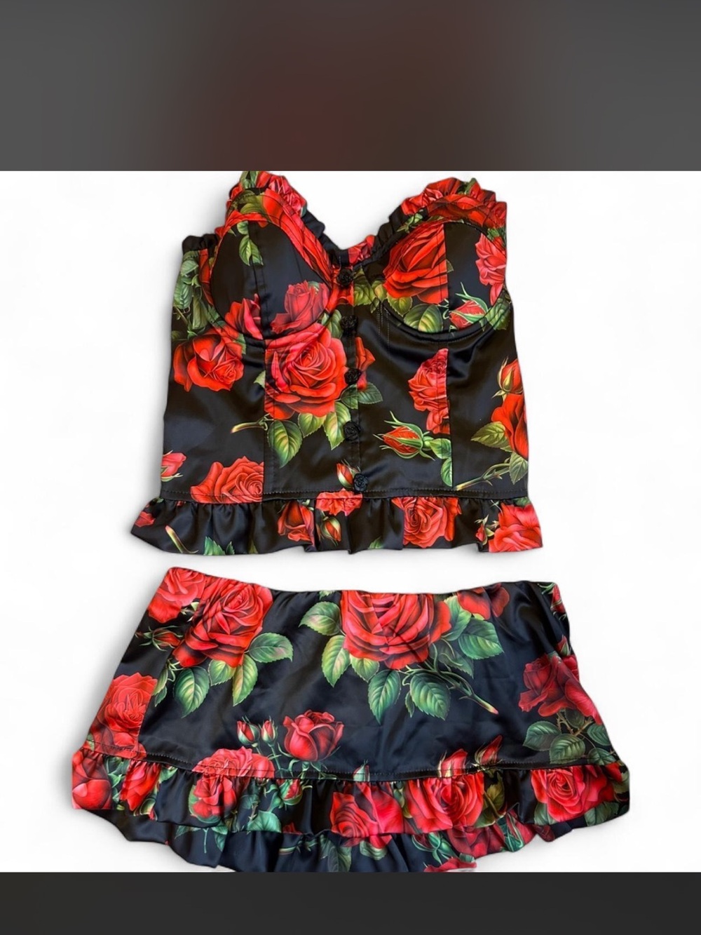 Sugar Thrillz Black Bustier & Mini Skirt with Red Rose Print